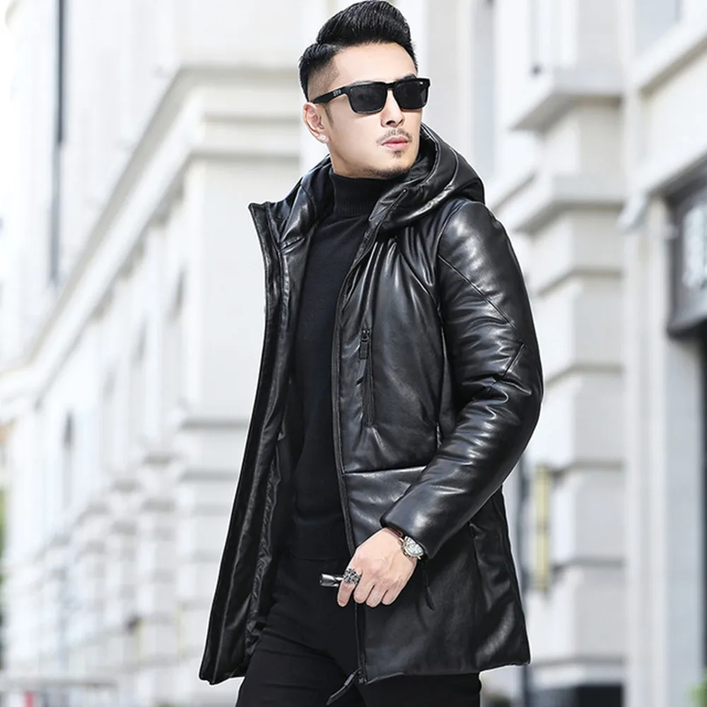 

Winter Leather Down New Jacket Men's Mid-length Youth Hooded Leather Jacket Windbreaker Casual Jacket