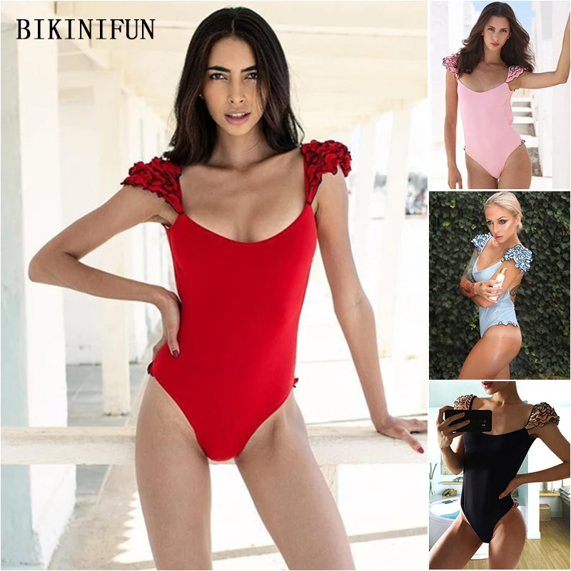 

2020 New Sexy Off Shoulder Swimsuit Women Scoop Neck Monokini Solid Color Bathing Suit S-XL Girl Lace Beachwear One Piece Suit