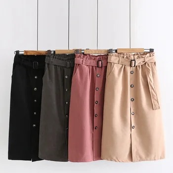 

2020 Korean Fashion Frilly Elastic High Waist Belt Button Skirt Women Medium Long A-Line Skirts Ladies