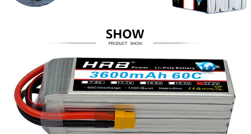 HRB 6S 22.2V Lipo Battery, SHOW PRODUCT SHOW HRZ 3eomAh 60 TAVJ LEL