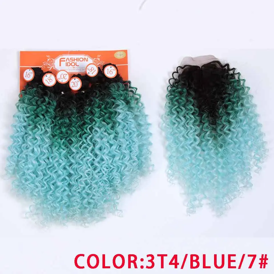 Волшебные афро кудрявые волосы синтетические волосы 16-20 дюймов 7 шт./лот пряди с закрытием Африканские кружева для женщин - Цвет: 3T4-BLUE-7