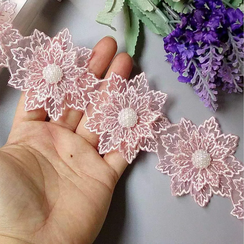2 yards Pink Pearl Flower Leaf Handmade Beaded Embroidered Lace Snowflak Trim Ribbon Applique Wedding Dress Sewing Craft 6 X 6cm | Дом и сад