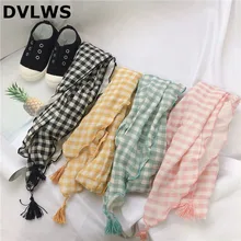 Новинка года, корейский Клетчатый детский шарф, двусторонний хлопковый и льняной шарф для девочек с кисточками, Осень-зима, 5 цветов