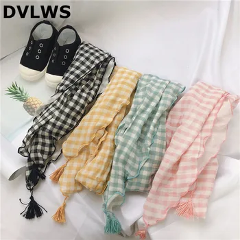 

2019 New Korean Plaid Children's Scarf Double-sided Color Cotton and Linen Girl Scarf with Tassel Autumn Winter 5 Color