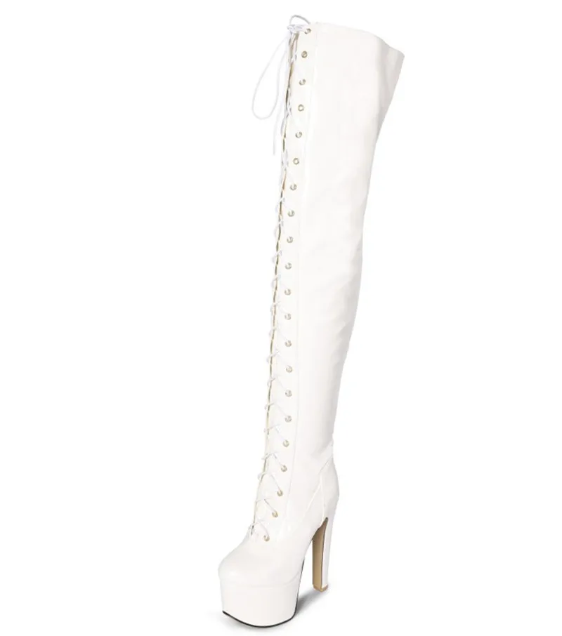 PXELENA/пикантные высокие сапоги до бедра женские Сапоги выше колена на очень высоком каблуке со шнуровкой и молнией для ночного клуба из лакированной кожи; большие размеры 43 - Цвет: Белый
