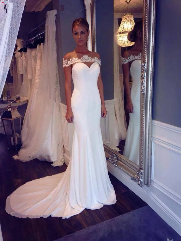 

Vestido De Novia Sirena Elegant Boat Neck Lace Off Shoulder Court Train Mermaid bridal gown 2018 mother of the bride dresses
