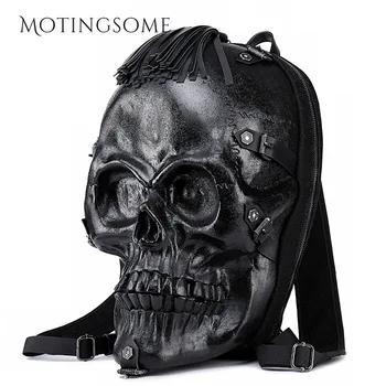 

Skull Face Backpack Rock Style Punk Rivet Backpack 3D Relief Evil Spirit Halloween Tassel Scary Computer Package Summer Bag 2019