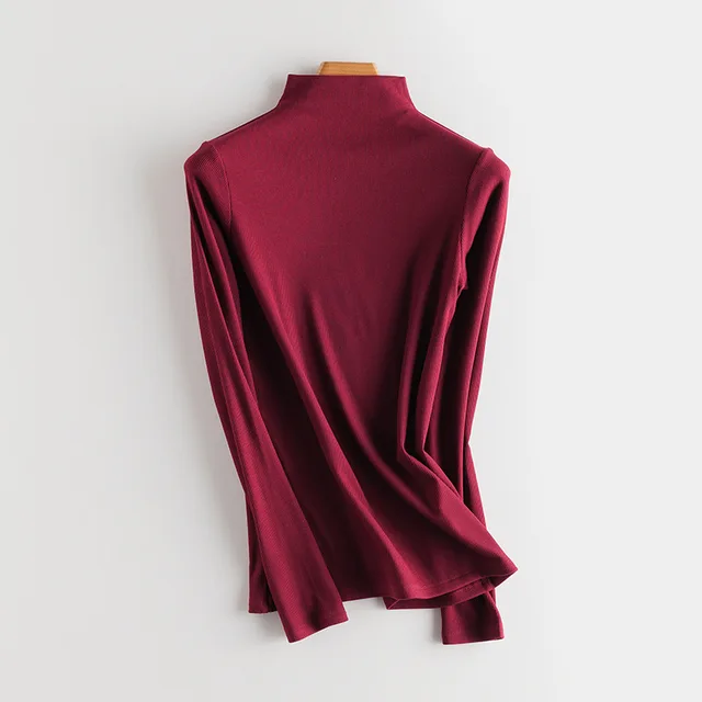 SuyaDream Women Bottoming T Shirt Real Silk Blend Long Sleeves Solid Basic Shirt 2021 Autumn Winter Turtleneck Top Wine Mock N