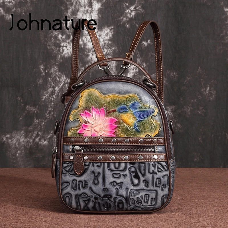 Johnature Vintage Genuine Leather Shoulder Bag Women Backpack 2021 New Leisure Handmade Embossing Cowhide Mini Travel | Багаж и сумки