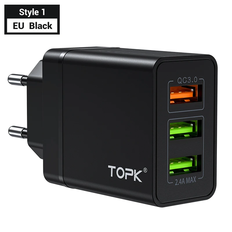 EU Black for Style 1 TOPK B348Q Quick Charge 3,0 USB Зарядное устройство QC3.0 быстрой зарядки нескольких Зарядное устройство для samsung S10 Xiaomi Mi9 путешествия Сетевое зарядное устройство для телефона - Тип штекера: EU Black for Style 1