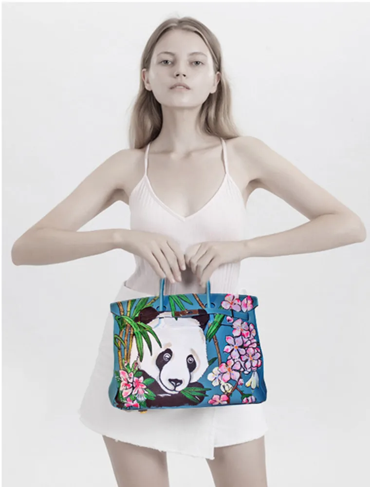 

Luxury Designer Chinese style hand drawn panda Printed Blue Graffiti Handbag Women Genuine Leather Gold Hardware Platinum Bag
