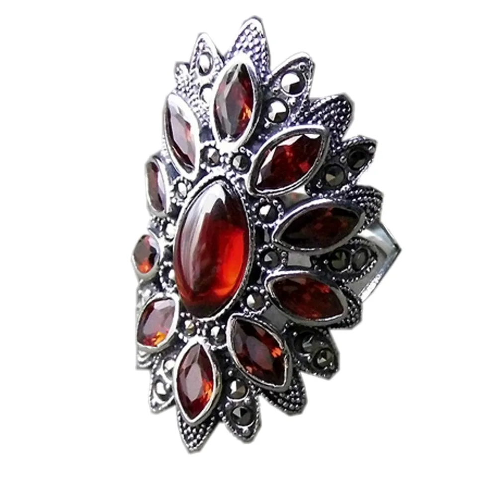 

BOCAI new 100% real solid S925 pure silver jewelry garnet ring for woman Thai silver gemstone adjustable woman ring