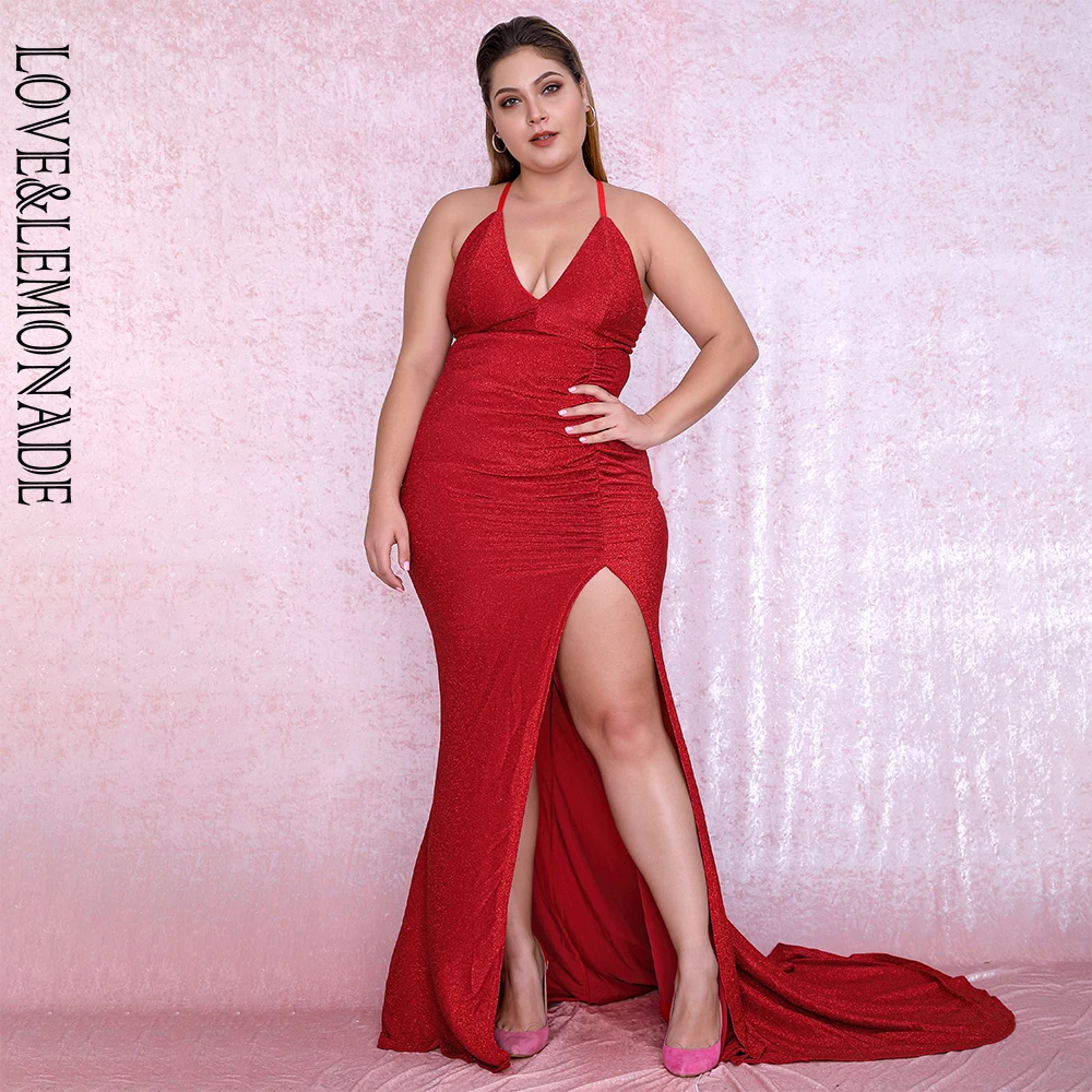 

LOVE&LEMONADE Plus size Sexy Red Deep V-Neck Cut Out Bodycon Shiny Elastic Fabric Maxi Dress LM81709PLUS autumn/winter