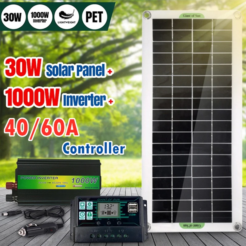 US $67.00 1000W Solar Inverter 30W Solar Panel 40A60A Controller 12V24V 220V Solar Panel System For Car Yacht RV Lights Charging