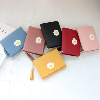 

Money Bag Coin Purse PU Leather Multi-function Fried Egg Pattern With Tassel Metal Zipper Short Wallet for Women