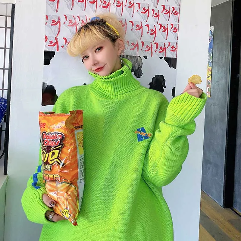 NiceMix Winter Autumn Turtlenecks Sweaters for Female Neon Loose Long Sleeve Knitted Pullovers Causal Hot Pink Oversized Long Sw NiceMix Winter Autumn Turtlenecks Sweaters for Female Neon Loose Long Sleeve Knitted Pullovers Causal Hot Pink Oversized Long Sw