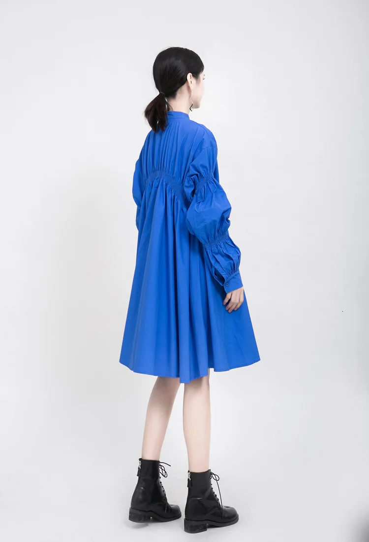 lady Autumn Fashion Solid Color Blue Fold Shirt tops stand collar Loose Form Long Sleeve blouse ZX466