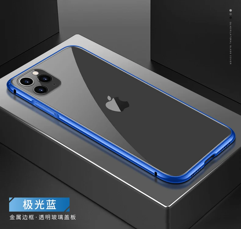 Прозрачный чехол для телефона из закаленного стекла для iPhone 11Pro/11Pro Max, металлический бампер для iPhone 11, чехол+ Защитная пленка для экрана