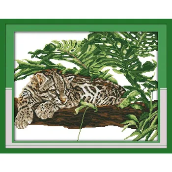 

Free Cross Stitch Kit fishing 14-11CT African Tiger on the tree together DIY Craft DMC Counted Cross Stitch Kits for Embroidery