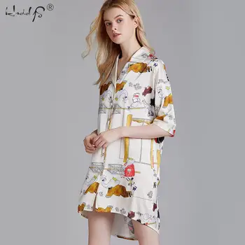 

Summer Autumn Silk Womens Sleepwear Sexy Sleepshirt Long Irregular Print Ladies Nightgown Young Outwear Nightdress Party Dress