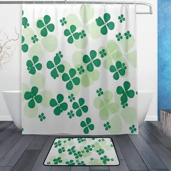 

Clover Background Pattern Shower Curtain Set 3D Printing Waterproof Coated Polyester Fabric Bathroom with 12 Hooks Floor Mat