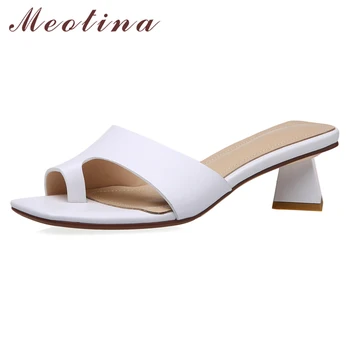 

Meotina Flip Flops Women Shoes Genuine Leather Mid Heel Slippers Square Toe Block Heels Ladies Slides Summer Sandals Big Size 40