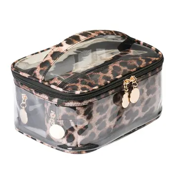 

New PVC Fashion Leopard Print Large Capacity Cosmetic Bag With Handle Strap Transparent Makeup Pouch for Women Girls