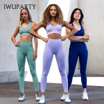 

IWUPARTY Athletic Seamless Yoga Set 2 Piece High Waist Fitness Clothing Outfit Gym Workout Sleeveless Sports Bra Suit Female
