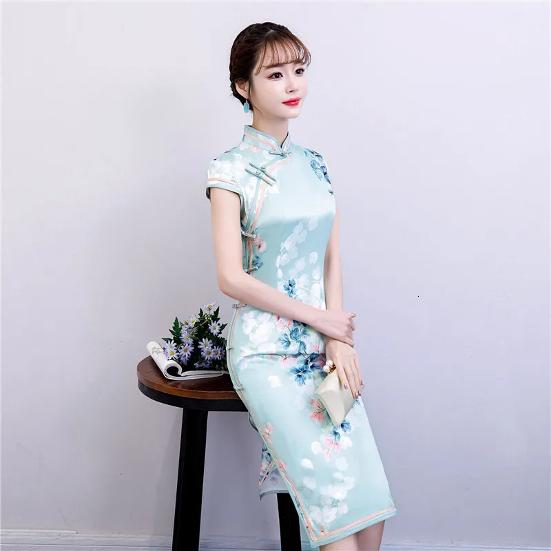 Красное китайское традиционное платье женское шелковое атласное Cheongsam винтажное Ципао летнее платье с коротким рукавом Вечерние Платья с цветочным принтом размера плюс