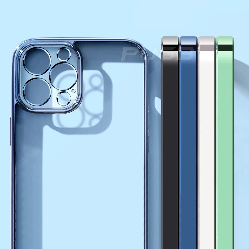 transparente de TPU para Funda iPhone 11 carcasa de lujo con revestimiento de marco cuadrado, suave, para 12  Pro Max Mini X XR XS 7 8 Plus SE 2020