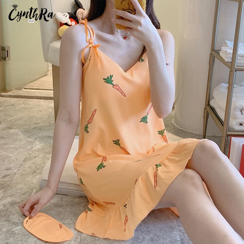 CYNTHRA Top Ladies Nightdress With Chest Pad Suspender Skirt Female V-neck Cartoon Mid-Long Homeclothes For Women Free Eye Mask