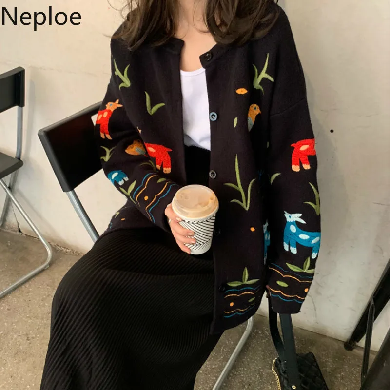 

Neploe 2019 Autumn Winter New Crazy Style Loose Knit Cardigans Women Vintage Embroidery Cartoon Coat Pull Femme Sweater 46504