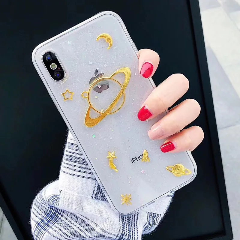 Блестящий чехол для телефона с изображением Луны звезд планеты iphone 11 11pro Max XS XR X 6S 6