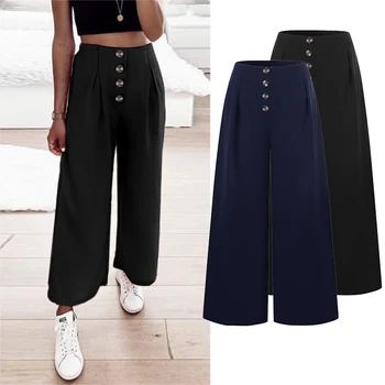 

ZANZEA Long Trousers 2020 Fashion Front Buttons Pockets Women High Waist Wide Leg Pants Casual Solid Pantalon Femme Palazzo 5XL