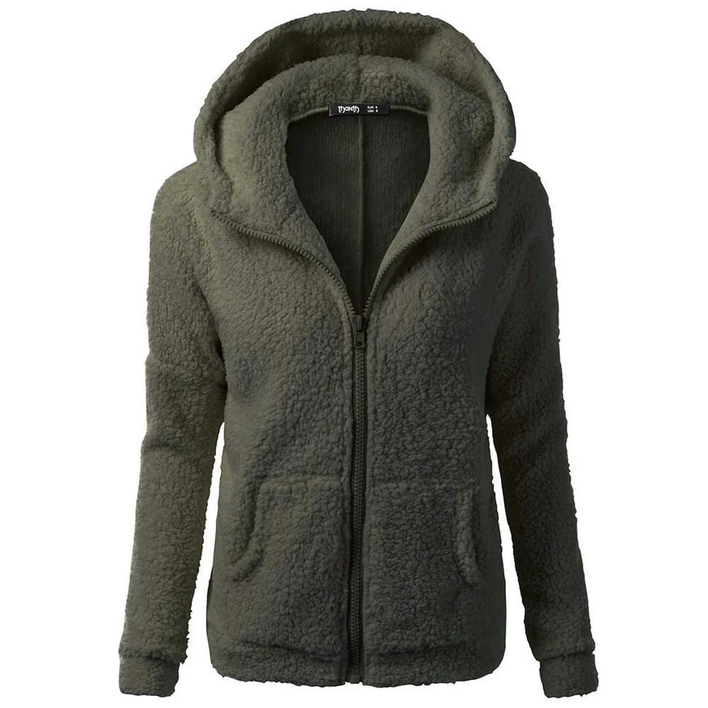 Women Solid Color Coat Thicken Soft Fleece Winter Autumn Warm Jacket Hooded Zipper Overcoat Female Fashion Casual Outwear Coat - Color: Army green