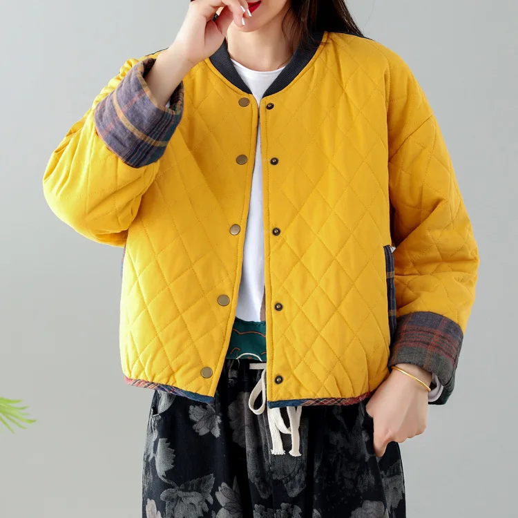 

2019 Winter New Style Retro Literature And Art Joint Rhombus Short Jacket Baseball Uniform Warm Cotton Coat