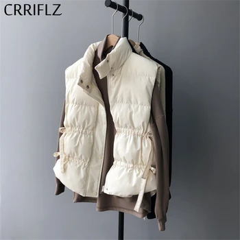 

Winter Warm Vest Coat Women Stand Collar Solid Short Lace Up Jacket Parka 2020 New CRRIFLZ