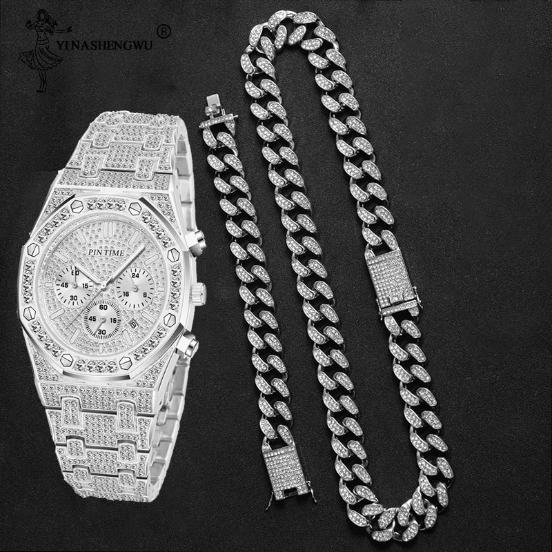 Ожерелье + часы браслет в стиле хип хоп МАЙАМИ панцирная кубинская цепь