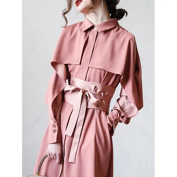 

2019 autumn winter new women trench coat ruffles solid slim sashes lantern sleeved thin office lady outwear coat tops