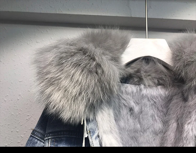 Новое джинсовое пальто с отстегивающимся натуральным кроличьим мехом и лисьим меховым воротником, модная Толстая теплая зимняя женская короткая куртка