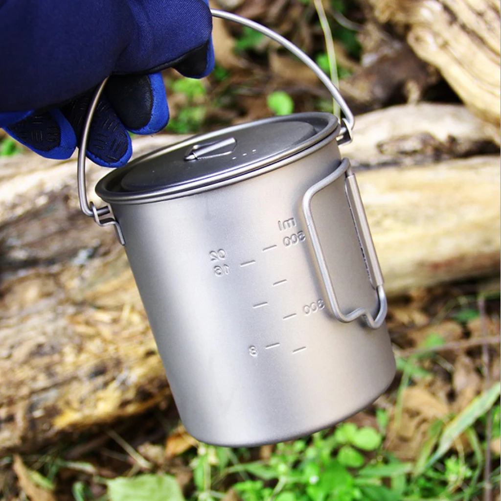 Lightweight Titanium Camping Pot with Lid Portable Water Mug Cup Cookware for Outdoor Backpacking Picnic Fishing Backpacking