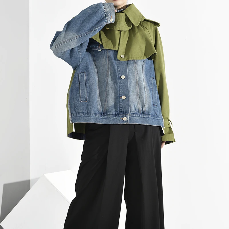 [EAM] Свободная джинсовая куртка с разрезом, большой размер, короткая куртка, новинка, с отворотом, с длинным рукавом, Женское пальто, модное, Осень-зима, 1B0930