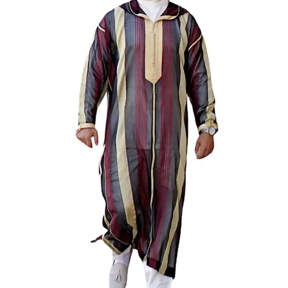 Muslims Men Robe Striped Print Hooded Long Sleeve Lapel Male Traditional Clothing Plus Size Loose Kaftan Jubba Thobe | Мужская одежда