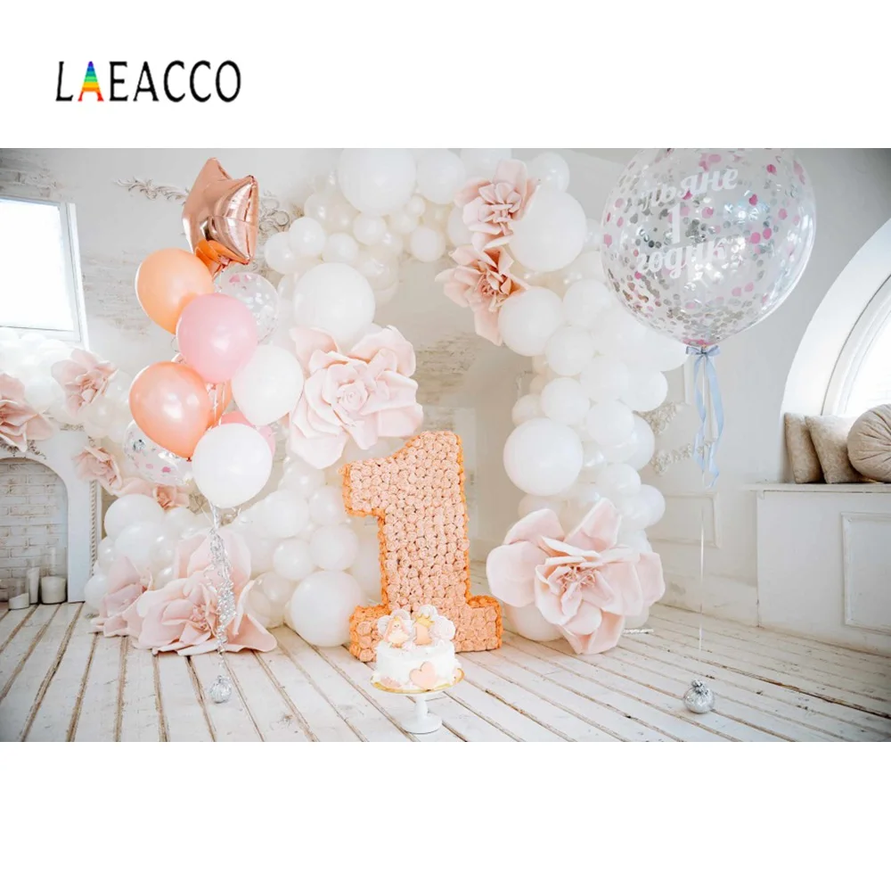 

Laeacco Vinyl Backdrops Gray Wooden Floor Balloons Birthday Party Happy Baby 1st Party Cake Portrait Photographic Backgrounds