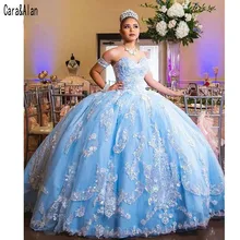 Небесно-Голубое Бальное платье Бальные платья Vestidos de 15 anos кружевные аппликации фатиновые платья для выпускного вечера официальное вечернее платье