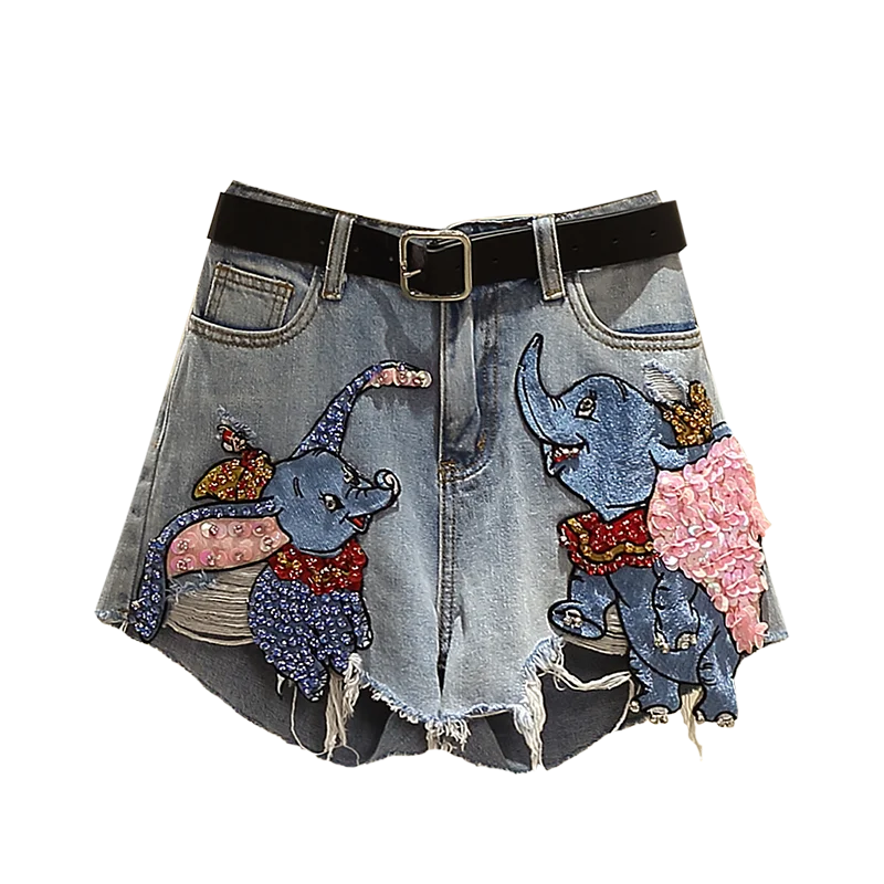 

High Quality Cartoon Dumbo Sequined Diamond Denim Shorts New Summer Loose Wide Leg Hole Shorts Women Plus Size Hot Shorts Casual