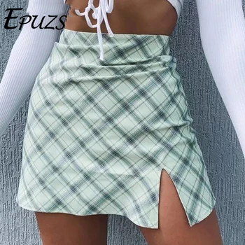 

Sexy bodycon green plaid skirts women split high waist Skirts for women high waist skirts vintage female mini skirt 2020