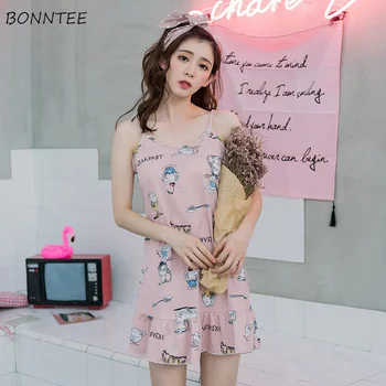 

Nightgowns Women Sleeveless Cartoon Printed Summer Sweet Nightdress Womens Cotton Round-Neck Sleepwear Students Breathable Cute