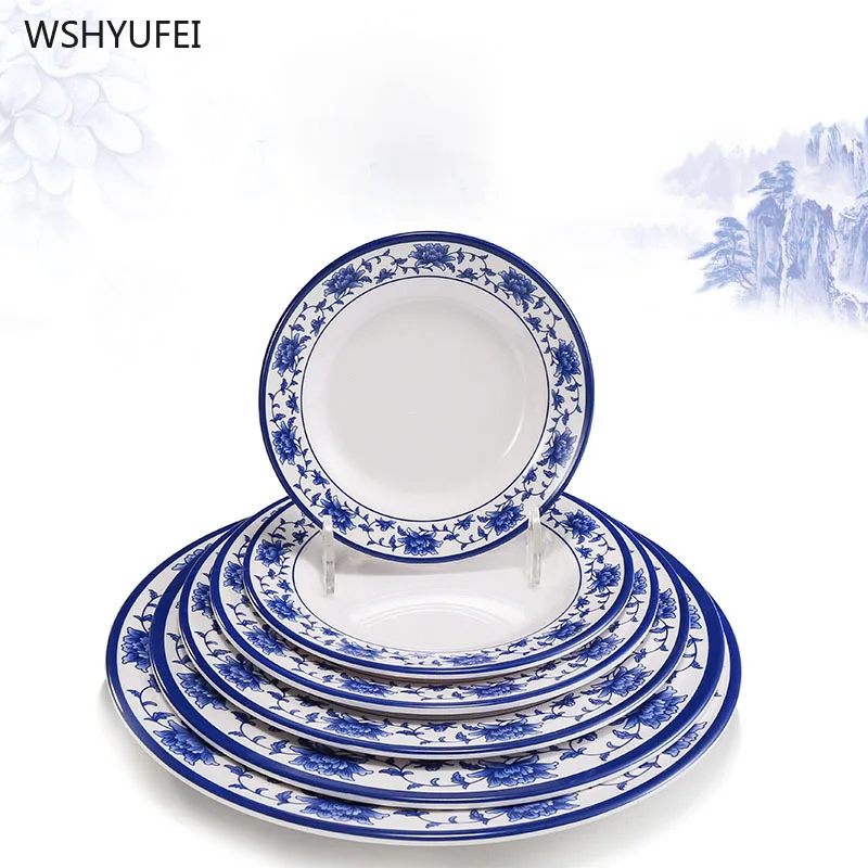 

Blue and white porcelain exquisite pattern imitation porcelain bone plate is not easy to break round restaurant kitchen supplies