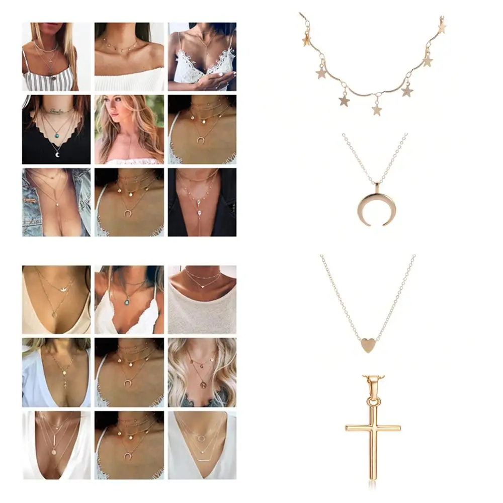 ¡El más nuevo! Color oro multicapa Vintage colgante de cristal de las mujeres collar de Luna estrella cuerno gargantilla de la Media Luna collares joyería